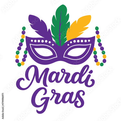 Mardi Gras mask with feathers and beads on white background Keywords: Mardi Gras, mask, masquerade, carnival