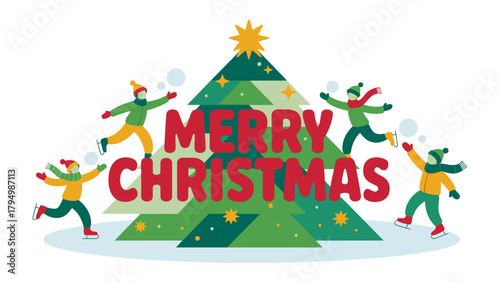 Joyful Christmas Ice Skating: Festive figures glide around a decorated Christmas tree, their joyful expressions capturing the spirit of winter holiday season.