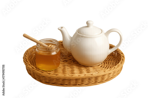 White teapot and honey jar on wicker tray