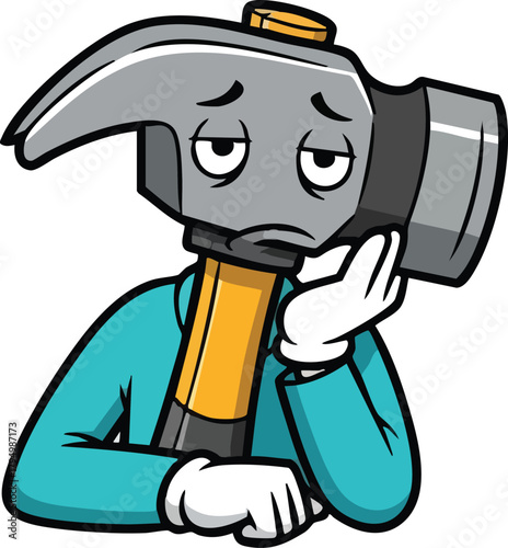 Cartoon hammer character looking bored and tired with head resting on hand wearing a teal jacket and white gloves isolated on white background
