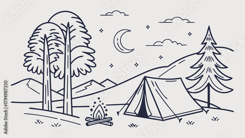 Cozy camping scene illustration with tent, campfire, trees, and moon for outdoor adventure designs