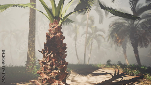 Foto Under a soft mist, a striking palm tree stands tall among a plethora of tropical foliage