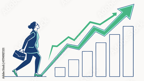 Professional businesswoman climbs to stunning financial success represented by an upward trend graph, career growth