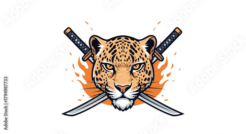 Illustration of a leopard head with crossed katana swords and orange flames behind it, on a white background.
