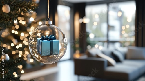 hanging glass christmas tree ball in cozy livingroom