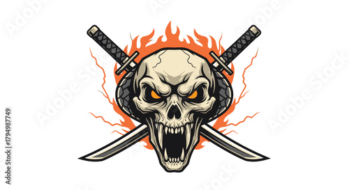 Skull with crossed swords and a snake, flames in the background, creating a fierce and striking design.