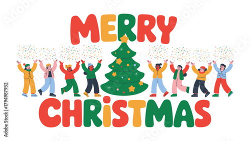 Festive Cheer: A joyful ensemble celebrates Christmas with vibrant cheer, as people raise their arms in the air, creating a heartening scene.  