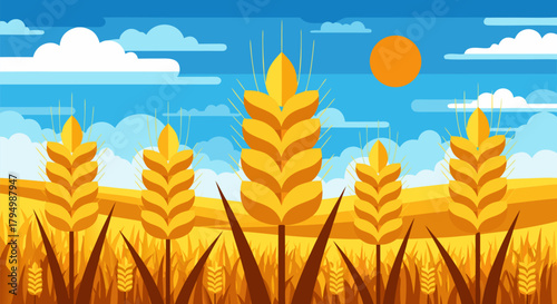 Golden wheat field under a bright sun and blue sky with fluffy clouds, representing agriculture and harvest season