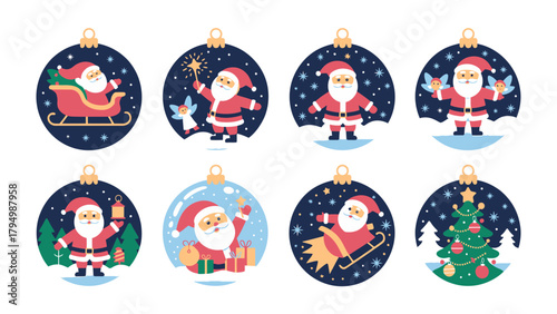 Christmas Bauble Collection: A festive array of Christmas baubles, each intricately designed, showcasing different whimsical scenes of Santa Claus and winter motifs.