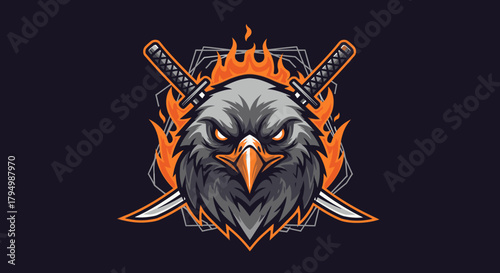 Fierce eagle head with crossed swords and flames, ready for battle.
