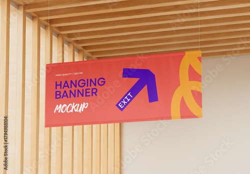 Hanging Horizontal Banner Mockup Template – Realistic Fabric Advertising Display for Indoor Retail and Modern Architecture Spaces