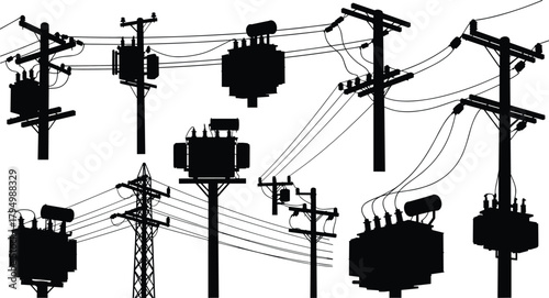 Silhouette vector illustration of utility poles with transformers and wiring—electrical grid infrastructure, voltage system, energy distribution network layout design