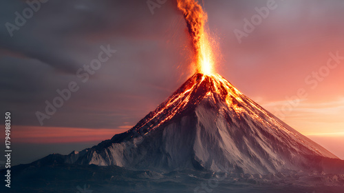 erupting. A powerful volcano erupting with lava and ash against the sky. ESG reports, sustainability campaigns, designed for sustainability communications and ESG reporting.