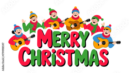 Joyful Christmas Carols: A vibrant illustration shows a group of carolers joyfully singing Christmas carols together, with festive attire and instruments.