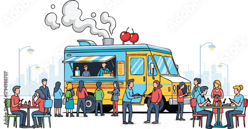 Vibrant Food Truck Scene With Diverse People Enjoying Outdoor Dining Under City Skyline