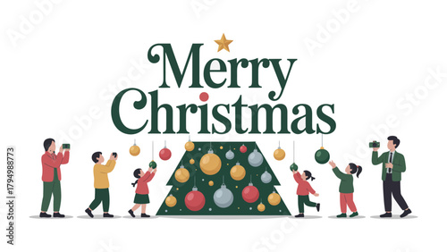 Joyful Christmas Celebration: A festive illustration of people coming together to decorate a Christmas tree, radiating the warmth and excitement of the holiday season.