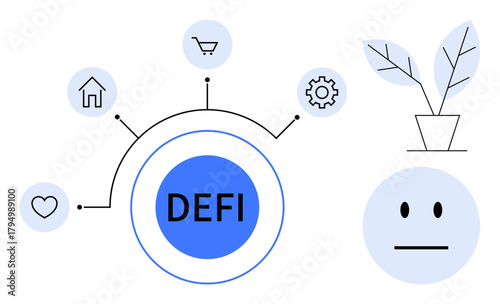 DEFI central hub linking to icons for home, shopping, heart, gear, and potted plant alongside minimal face. Ideal for finance, technology, connection, innovation ecosystem digital economy simple