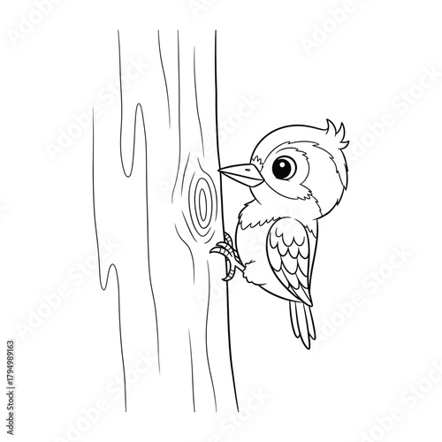 Young woodpecker bird clinging to a tree trunk black and white line drawing