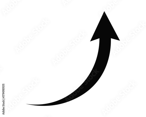 curved up arrow, black pointed and curved arrow pointing up isolated on transparent background.