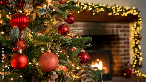Christmas tree branches with decorations close up and  warm Christmas background.