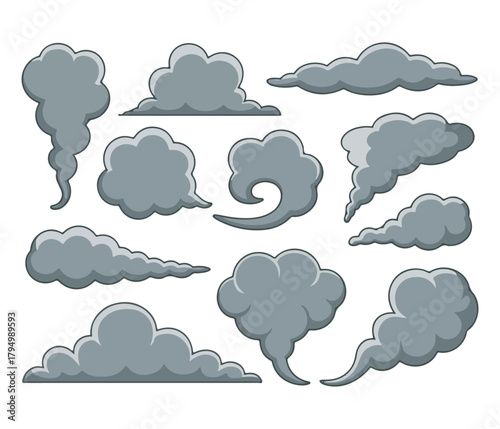 Environmental Impact Illustration: A collection of stylized illustrations showing environmental issues, such as smoke, clouds of pollution.