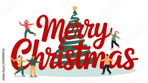 Festive Greetings: Merry Christmas lettering surrounded by joyful figures celebrating the holiday season. The image captures the spirit of togetherness, cheer.