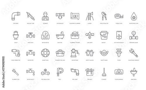 plumber vector line icon set, water pipe repair service