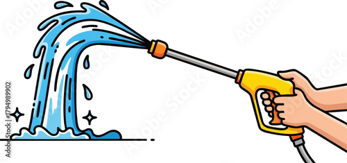 Person Holding Yellow Pressure Washer Spraying Water on White Background