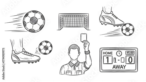 Hand-Drawn Soccer Illustrations Ball, Goal, Referee & Scoreboard