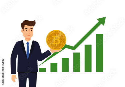 Cartoon businessman holding a Bitcoin with a rising green bar graph and arrow in the background, symbolizing financial growth.