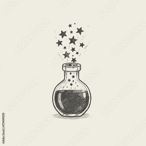 Magical potion bottle erupting with sparkling stars, symbolizing creativity and innovation bursting forth in a whimsical concept.