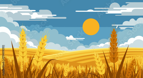 Golden Field Wheat Landscape Illustration with Sky, Clouds, and Sun for Autumn, Nature, and Agriculture Concepts