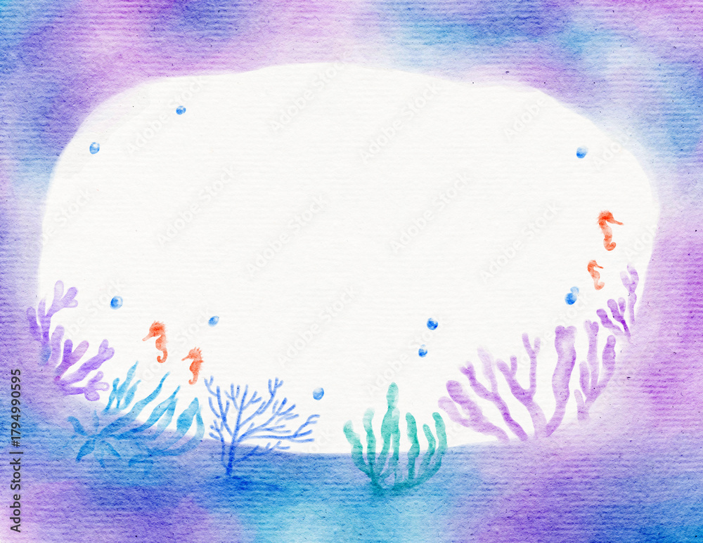 Fototapeta premium Aesthetic watercolor illustration of a fantasy underwater world. Great for printable templates such as postcards, notepads, invitations, and decorative frames.