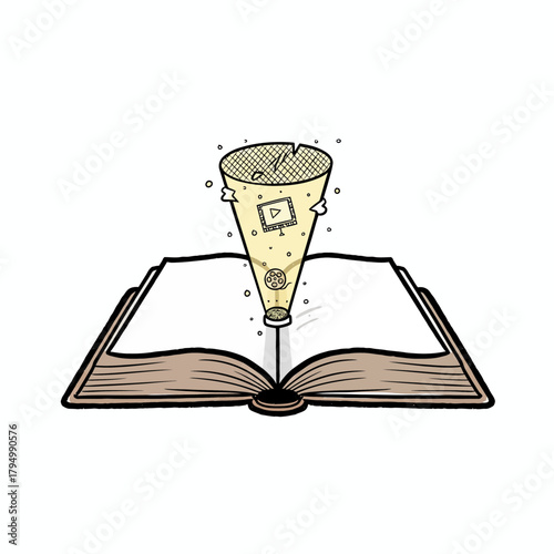 Captivating stories unfold from an open book projecting cinematic magic, inspiring imagination and creative journeys for all.