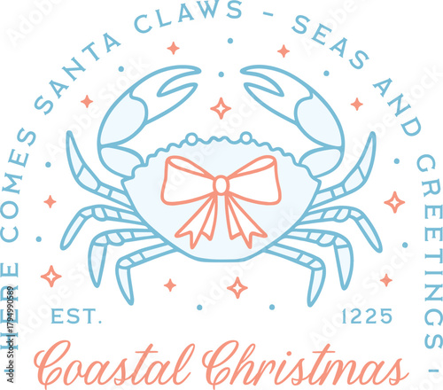Coastal Christmas beach greeting card funny quotes crab Santa claws seafood puns girl shirt design. Ocean holiday seas and greetings theme girly retro blue aesthetic printable xmas decor poster print.