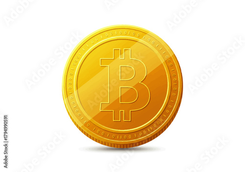 A single, golden Bitcoin coin with a 'B' symbol, depicted against a clean white background, casting a subtle shadow.