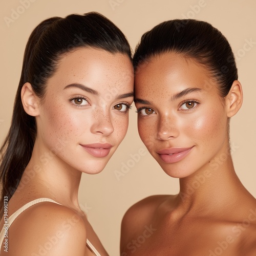 Studio portrait of two women with natural glowing skin
