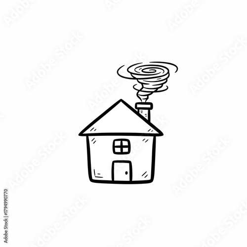 Drawn house with swirling tornado above chimney symbolizing extreme weather danger and home vulnerability