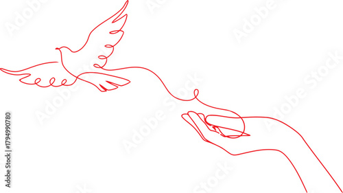Hand releasing a dove with a ribbon flowing in the wind isolated on transparent background