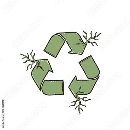 Nurturing growth from sustainability, this green recycle symbol sprouts vibrant roots, symbolizing ecological renewal and a thriving planet.