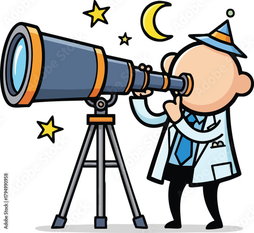 Cartoon Man Looking Through Telescope At Night Sky With Moon And Stars