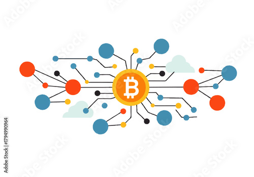 Illustration of a Bitcoin at the center of a network with connected nodes and cloud symbols, against a white background.