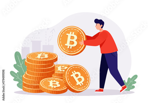 Man stacking large Bitcoin coins, illustrating cryptocurrency investment and digital finance growth.