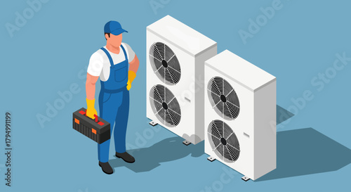 A professional HVAC technician in blue overalls and a cap holds a toolbox while standing next to two outdoor air conditioner units in a clean isometric vector illustration