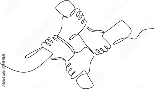 Abstract continuous line drawing of four hands clasped together in unity and support isolated on transparent background