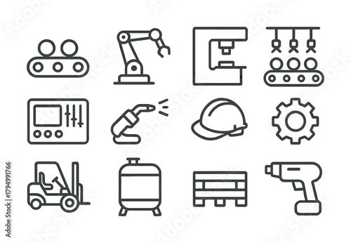 Industrial equipment icons: robotics, safety, manufacturing tools and machinery