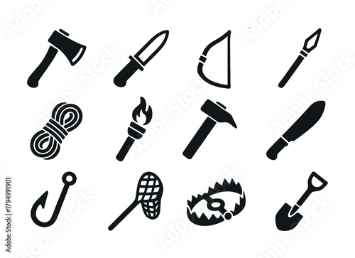 Survival tools set: axe, knife, bow, spear, rope, torch, hammer, machete, hook, net, trap, shovel icons