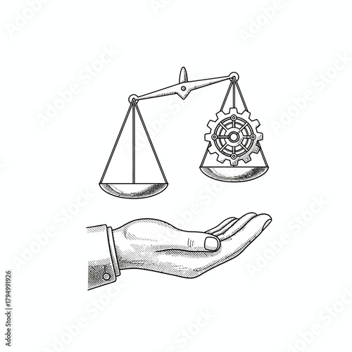 Hand carefully balances scales of justice with intricate gear representing industry and innovation for strategic business decisions