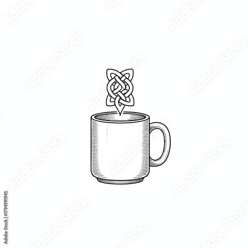 Steaming coffee mug with intricate Celtic knot design emerging from the top, symbolizing warmth, tradition, and creativity in every sip.
