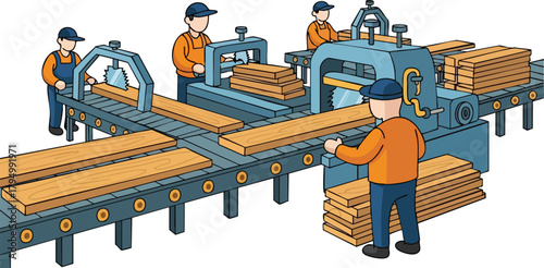 Workers Operate Lumber Mill Conveyor Belt System Processing Wood Planks and Stacks